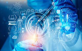 Graphic of mathematical symbols and scientific icons overlaying a gloved hand dropping fluid into a test tube.